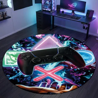 Teppich-Traum Gamingteppich dünn antirutsch strapazierfähig Kontroller mit neonfarbenen Symbolen in bunt, 160 cm Rund