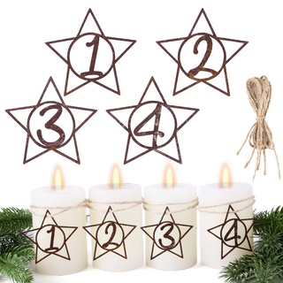 4 Stück Adventskranz Zahlen für Kerzen Kerzenhalter 1-4 Kerzendekoration in Sternform Kerzenstecker Rost Deko Anhänger für Advent Weihnachten Deko