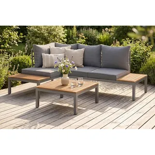 Ambia Garden Loungegarnitur, Braun, Grau, Teak, Holz, Metall, Akazie, vollmassiv, Füllung: Faserbällchen,Komfortschaum, L-Form, einzeln stellbar, 207x138 cm, Fsc, Bsci, Loungemöbel, Gartenlounge-Sets