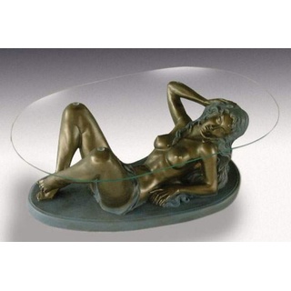 Casa Padrino Jugendstil Couchtisch Frau Antik Messing / Grau H. 45 cm - Eleganter Wohnzimmertisch mit ovaler Glasplatte - Barock & Jugendstil Möbel