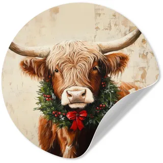 MuchoWow Wandsticker Weihnachten - Schottischer Highlander - Braun - Kranz (1 St), Wandtattoo Selbstklebend, Wohnzimmer Deko Aufkleber, 30x30 cm beige 30 cm x 30 cm x 0.1 cm