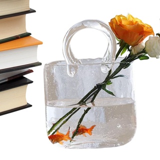 Tasche Vase aus Glas – Vase aus transparente Glas für Blumen, Blumenvase in Form einer Handtasche mit Griff und Blase, Glasvase für Blumenarrangements für Dekoration von Büro und Garten