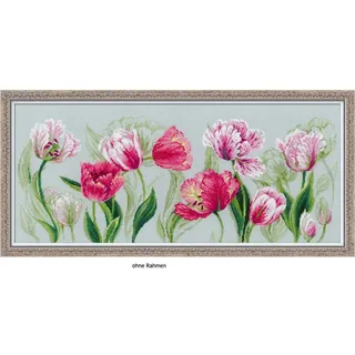 RIOLIS 100/052 Frühlingstulpen Zählmuster-Kreuzstich-Set 70 x 30 cm | Blumen Motiv, Stickvorlage & Nadel inklusive, Stick-Geschenkset