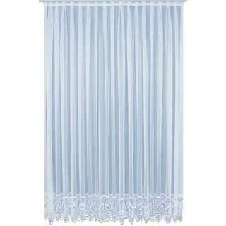 Wirth Gardine Elena, Faltenband (1 St), halbtransparent, Sablé, Store veredelt mit echter Plauener Spitze Stickerei, gerade weiß 300 cm x 245 cm