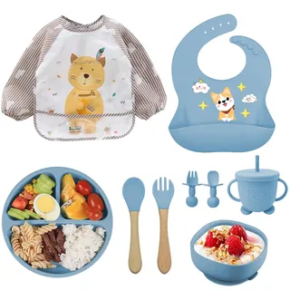Oskuglin 9-teiliges Silikon Babygeschirrset BPA-frei ab 6 Monaten | Rutschfest mit Saugnapf, faltbar & spülmaschinenfest, mit Teller, Besteck & 2 Lätzchen – praktisches Geschenk zur Geburt