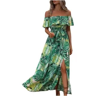 Geschenke für Frauen Boho Sommerkleid Damen Sexy Schulterfrei Strandkleid Hohe Taille Maxikleid Locker Bandeau Kleid Hawaii Partykleid mit Blumendruck Lange A-Linien Kleider Urlaub Freizeitkleid - M