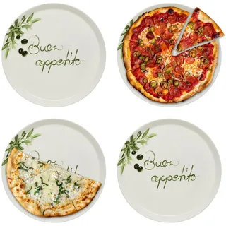 KHG 4er set Pizzateller, extra groß mit 30cm Durchmesser in Buono appetito Print, perfekt für Gastro und Zuhause, hochwertiges Porzellan, Spühlmaschinengeeignet & perfekt Stapelbar