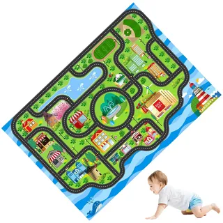 Kinderteppich 50x80cm für Kinderzimmer, Spielteppich Straße Motiv mit Ozean und Stadt, Pädagogischer Autoteppich für Jungen und Mädchen, Dekoration für Spielzimmer
