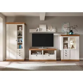 Wohnwand HOME AFFAIRE "Cremona, Anbauwand im Landhausstil, Komplettset, Wohnzimmer-Set", weiß (pinie weiß nb, pinie weiß nb, applikation wotan eiche nb), B:376cm, Kastenmöbel-Sets, Wohnwand, enthält Vitrine, Lowboard, Stauraumelement und Wandboard, 376 cm breit