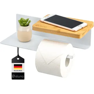 ELUNO Toilettenpapierhalter VARAZ mit 2 Ablagen, Selbstklebender Toilettenpapierrollenhalter, WC-Rollenhalter mit Klebeband zum Kleben oder zum Bohren, aus weißem Metall 31.5x9.5x13 cm, Badaccessoires