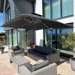 PURPLE LEAF Sonnenschirm Rechteckig 300 x 365 cm Ampelschirm Groß Stabil Marktschirm Groß 360° Rotation, Gartenschirm mit Kurbel, XXL Sonnenschutz UV50+, Grau