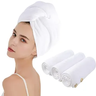 KinHwa Haarhandtuch Mikrofaser 3er Set 25x65 cm – Leichter Haarturban mit Knopf für kurzes & mittellanges Haar – Schnelltrocknendes Hair Towel für Alltag, Sport & Reisen-Weiß