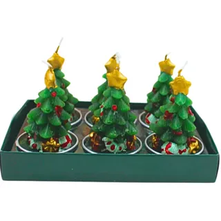 Dekohelden24 6er Set Teelicht Tannenbaum - Tannenbaumkerze mit Paketen und goldenen Stern als Spitze in grün, Lieferumfang 6 Figurenkerzen, Maße je Teelicht L/B/H: 4 x 4 x 6 cm.