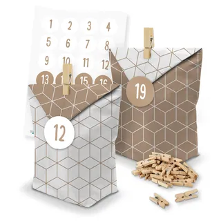 itenga Adventskalender 24x Tüten Geometrie Klammern Zahlen Schlicht Braun 1-24