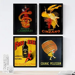 POSTER Set mit 4 Jahrgang Alkohol Plakate Campari, Cinzano, Cognac A4 Schwarzer Rahmen