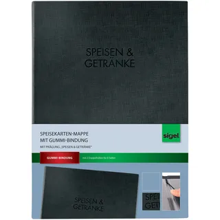Sigel SM111 Speisekarten-Mappe mit Gummi-Bindung für A4, schwarz mit Leinenstruktur und edler Blindprägung "Speisen und Getränke", leicht abwischbar