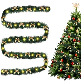 Weihnachtsgirlande mit Beleuchtung Schleifen,Künstliche Girlande Weihnachten Beleuchtet Tannengirlande mit Beleuchtung Weihnachtsdeko Girlande mit Weihnachtsschleife für Außen Innen (Gold, 10m)