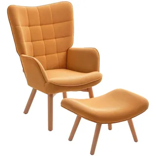 Homcom Sessel mit Hocker, Ohrensessel mit Hoher Rückenlehne, Holzbeine, Loungesessel mit getuftetem Design, Cord-Optik, für Wohnzimmer, Braun
