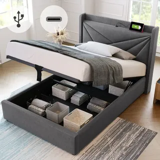 MODFU Boxspringbett Hydraulisches 90 x 200 cm mit USB Typ C Ladefunktion Kopfteil, Polsterbett Funktionelles mit Lattenrost, Einzelbett Stauraumbet... - Grau