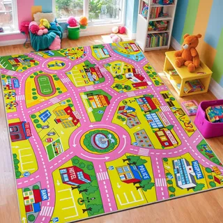 Capslpad Autoteppich Kinder 100x160cm rutschfest Kinderteppich Stadtplan Interaktiver Spielteppich Waschbar Kreativ Pädagogisch Spielmatte für Kinder Teenager Kinderzimmer Spielzimmer Dekor,Rosa