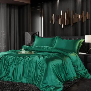 Bettwäsche Set Satin 135x200cm 4teilig Grün Dunkelgrün Silky Touch Glänzend Seide Einfarbig Bettbezug Set Glatt Luxus Bettwäsche Set weicher Doppelbettmit Reissverschluss und Kissenbezüge 80x80cm