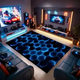 PEIHUODAN 3D Gaming Zimmer Teppich für Jungen | Flanell Kindertappich mit Neon-Gaming Motiv Design | Anti-Rutsch Gamer-Zimmer Dekorative Fußmatten (Navy,160x200cm)