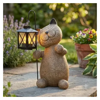 Home-trends24.de LED-Dekofigur Katze mit Laterne LED Deko Figur Garten Terrasse GH 32 cm beige|braun