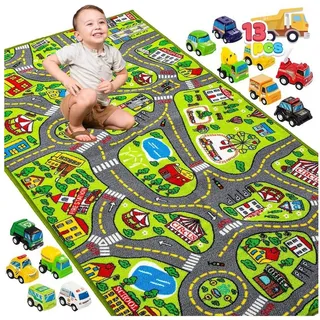 LuxusKollektion Kinderteppich Teppich Kinderzimmer Autoteppich Spielmatte 80x150cm 12 Mini Auto bunt