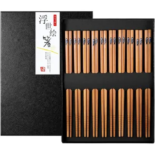 MELLIEX 10 Paar Essstäbchen Japanisch Bambus Chopsticks Wiederverwendbar Waschbar Eßstäbchen Set mit Schwarzer Geschenkbox für Asiatisches Geschirr, Fisch