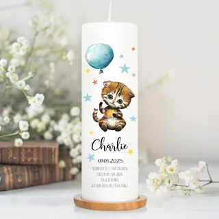 Wandtattoo Loft Taufkerze Junge oder Mädchen Motiv Katze mit Luftballon, 25cm x 8cm, personalisierte Kerze, bedruckte Kerze zur Taufe, Stumpenkerze, individuelles Taufgeschenk
