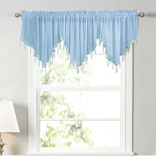 Devola Scheibengardine Volant Transparent Modern BxH 130x60cm Blau 1 Stück | Gardine Dreieckiger Querbehang, Kurzvorhang mit Kristallperlen, Panneaux Gardinen Kurz, Dekorationsvolant für Küchenfenster