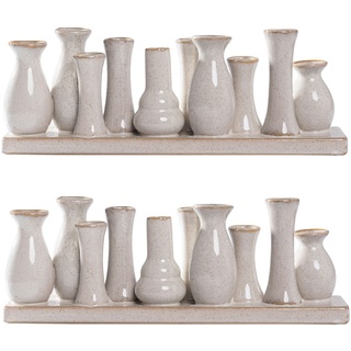 Jinfa 2 Set aus 10 kleinen Vasen auf festem Sockel | handgefertigte Blumenvasen Tischdeko | Antik-Weiß