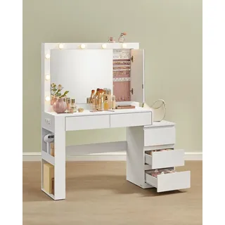 VASAGLE Schminktisch mit LED-Beleuchtung, Frisiertisch mit Spiegel, Schmuckschrank, Steckdosenleiste, 40 x 125 x 140 cm, Kosmetiktisch mit Schubladen - Weiß