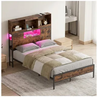COSTWAY Bettgestell Metallbett 140 x 220 cm (1-tlg), mit Ladestation, LED, Lattenrost braun
