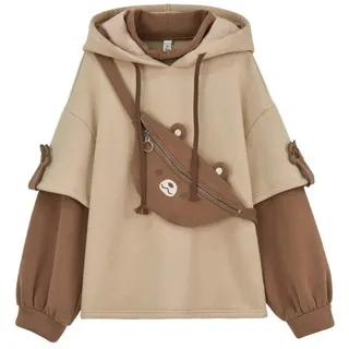 XYXZGM Harajuku Ästhetische Bär Anime Hoodie Frauen Koreanische Kawaii Rundhalsausschnitt Langarm Streetwear Kpop Herbst Winter Kleidung Tops-Beige_S - S