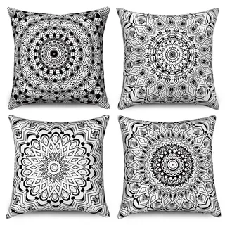 Hnmdmyi Kissenbezug Boho 45x45 4er Set, Schwarz Retro Floral Mandala Kompass Medaillon Bohemian Dekorative Kissenbezüge Leinen Kissenhülle für Sofa Couch Bett Garten Outdoor Home Decor