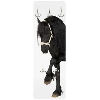 Bilderdepot24 Garderobenpaneel schwarz Kinder Tiere Friesenstute Design (ausgefallenes Flur Wandpaneel mit Garderobenhaken Kleiderhaken hängend), moderne Wandgarderobe - Flurgarderobe im schmalen Hakenpaneel Design schwarz