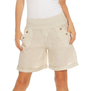 Mississhop Leinenhose Damen Shorts Leinenshorts Bermuda 100 % Leinen kurze Hose 280 mit elastischem Bund, in Unifarbe beige XL (entspr. 38-40)