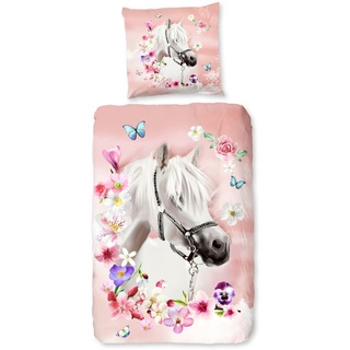 Soma 30798-70-08 Pferde rosa pink Renforcé Bettwäsche-Set 2 teilig Bettbezug 2tlg 135x200cm 80x80 Pferde Bettwäsche rosa pink mädchen Pferde Geschenke für mädchen