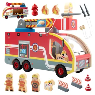 Nene Toys Holz-Feuerwehrauto mit 360°-Drehleiter für Kinder ab 2 Jahren | Feuerwehr-Spielset mit Leiterkorb, magnetischen Schläuchen, 3 Feuerwehrmännern und Dalmatiner für spannende Rettungseinsätze