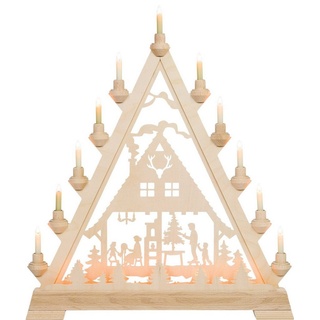 Kunstgewebe Taulin Schwibbogen Lichterecke Motiv Waldhaus, 16 flammig elektrisch beleuchtet beige