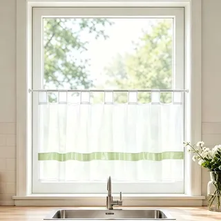Joyswahl Scheibengardine Voile Bistrogardine Schlaufen Julie 60x145 Grün | mit Satinband,Küche Kurzgardine,1er Pack,Küchengardinen modern,Kurzstores Transparent,Fenstergardinen,Gardinen kurz