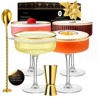 Vemacity Elegante Espresso Martini Gläser 4er Set mit Goldrand & Cocktail Zubehör | Gerippte Glas | Handgefertigte Cocktailgläser Set | Ideal Champagner Schalen und Champagner Gläser | Martinigläser