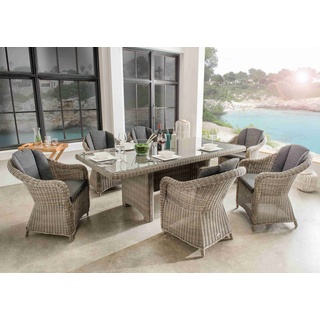 Destiny Sitzgruppe MALAGA LUNA, Polyrattan, 6 Sessel + Tisch 200x100x75 cm, inkl. Auflagen grau
