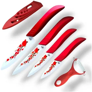 S-HubOla/SHubOla Messer-Set Keramik Messer Set 5 Tlg. Küchenmesser Kochmesser Allzweckmesser (5} Teilige Set (4 Messern und 1 Schäler), 5-tlg., 1 obstmesser, 2 Alzweckmesser, 1 Kochmesser/Chefmesser,1Schäler), Keramik 5 Teilige Set, Sakura, ultrascharf, ergonomisch rot