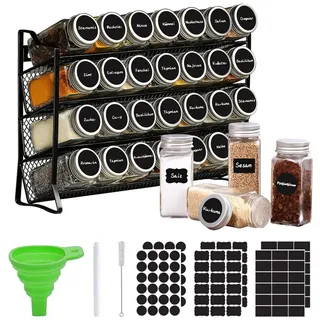 SEHAUSEU Gewürzregal Gewürzregal 4Etage mit 28 Gläsern schwarz Metall, 120 Gewürzetiketten, 28-tlg., 1 Flaschenbürste, 1 Trichter, 1 Stift