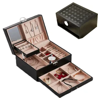 Schmuckkasten mit 2 Ebenen eine Schublade,Schmuckkiste mit Schlüssel Schwarz Jewellery Box für Ringe, Ohrringe, Halsketten und Uhren, Geschenk für Ihre Liebsten