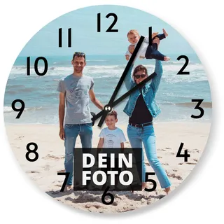 PhotoFancy® - Uhr mit Foto Bedrucken - Fotouhr aus Holz - Wanduhr mit eigenem Motiv selbst gestalten (26 cm rund)