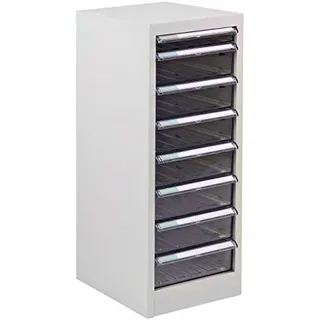 Stahlblech Schubladencontainer mit 8 PVC-Schubladen, Maße: 28x35x74,5 cm, für DIN A4, lichtgrau RAL7035
