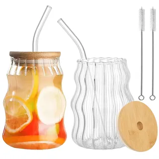 Forbabe 2 Stück 500 ml Glasbecher mit Deckel und Strohhalm, Verdicktes Glas | Trinkgläser Luftdicht Wasserdicht Trinkbecher Gläser, Becher Trinkglas für Fruchtsaft/Smoothies/Bier/Kaffee/ Gemüsesaft/Tee